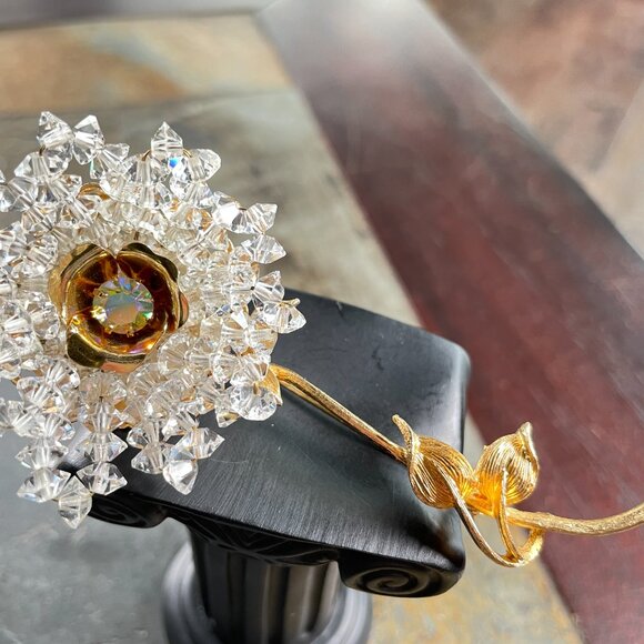 Vintage Coro Signed BIG 4.5" Flower Brooch Gold-tone Beads and Rhinestone - Picture 3 of 10